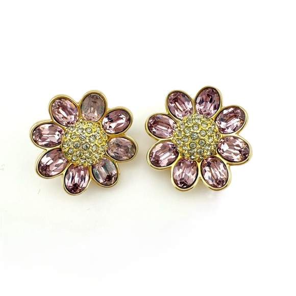 Swarovski Pink Floral Crystal Earrings VTG - Picture 1 of 5